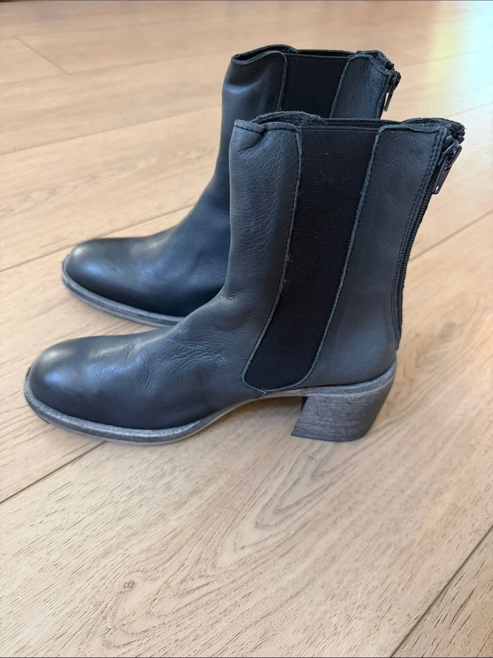 Free People Black Leather Ankle Boots with Stacked Heel